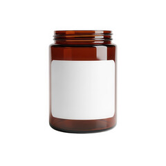 Brown glass jar with white label isolated on transparent background