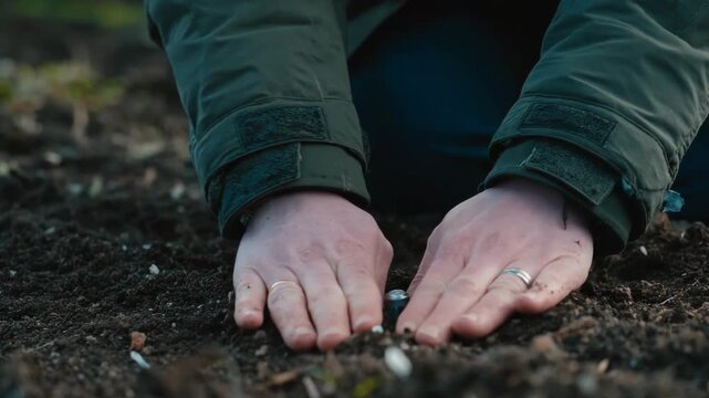 Medium shot showing a scientist inspecting temperature probes carefully placed in various soil layers during early morning.