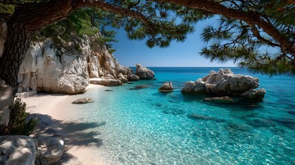 Obraz premium Secluded Mediterranean beach cove features crystal clear turquoise water and white sand limestone cliffs framed by a pine tree branch.