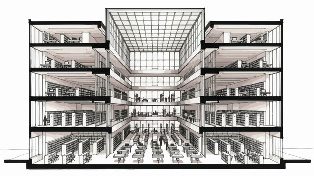 Architectural cross section of a modern high rise building with multiple floors sketch