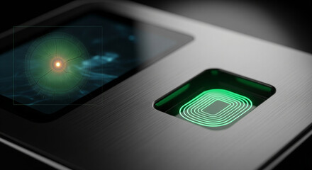 A close-up, macro shot of a sleek, brushed-metal fingerprint scanner glowing with a subtle green light. A faint digital overlay of a human retina scan is visible in the background. High-end product ph