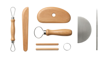 Collection of wooden and metal kitchen utensils and tools isolated on black background with