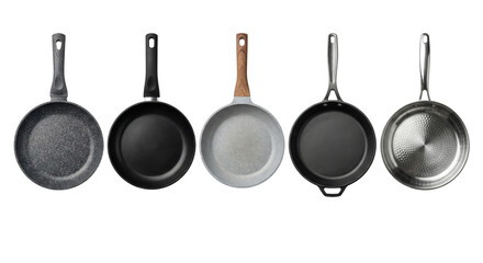 Array of Five Different Skillets with Varied Handles on Isolated Transparent Background