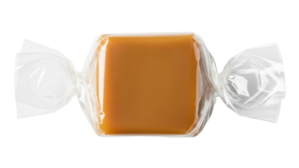 Delicious caramel candy wrapped in clear cellophane isolated PNG, sweet treat for dessert and confectionery projects on transparent background
