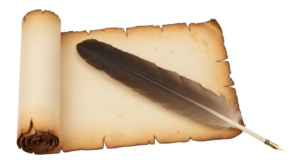 Old parchment scroll with quill pen PNG isolated on transparent background, antique paper for writing and historical documents