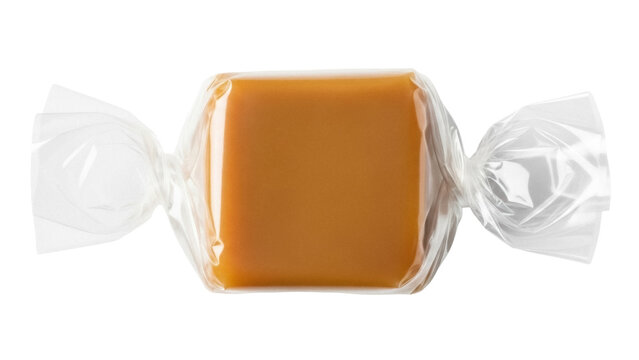 Delicious caramel candy wrapped in clear cellophane isolated PNG, sweet treat for dessert and confectionery projects on transparent background