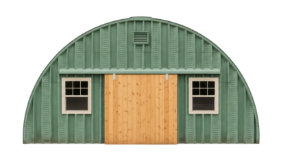Quonset hut isolated PNG on transparent background, green corrugated metal building with wooden sliding door and windows for storage use