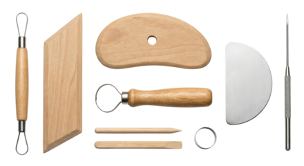 Minimalist wooden kitchen tools and utensils with embedded metal components isolated on white