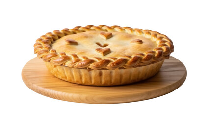 Delicious golden brown pie with heart decorations isolated PNG, homemade pastry on wooden board for Thanksgiving and holiday baking