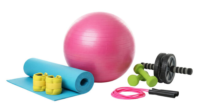 set of gym equipment including stability ball yoga mat dumbbells and jump rope isolated