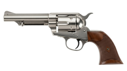 Silver single-action army revolver PNG isolated, classic western firearm with brown grip for historical and vintage weapon enthusiasts