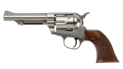 Silver single-action army revolver PNG isolated, classic western firearm with brown grip for historical and vintage weapon enthusiasts
