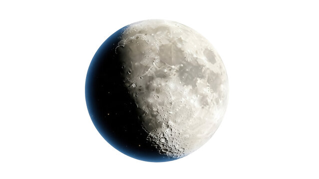 Detailed moon PNG isolated on transparent background, lunar surface with craters and shadows for astronomy and science projects