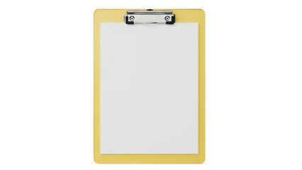 Yellow clipboard with blank paper isolated PNG on transparent background, office supply for notes and presentations