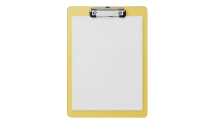 Yellow clipboard with blank paper isolated PNG on transparent background, office supply for notes and presentations