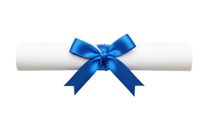 Rolled diploma with blue ribbon isolated PNG on transparent background, graduation certificate for academic achievement and success