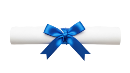 Rolled diploma with blue ribbon isolated PNG on transparent background, graduation certificate for academic achievement and success