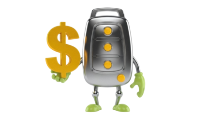 Cartoon car key character holding a dollar sign PNG isolated on transparent background, automotive finance and vehicle cost concept