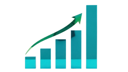 Teal bar graph with green arrow isolated PNG, business growth chart for financial success and investment on transparent background