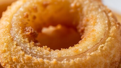Close-up of a golden-brown, crispy fried onion ring, showcasing its textured batter and hollow center, a popular snack or side dish.