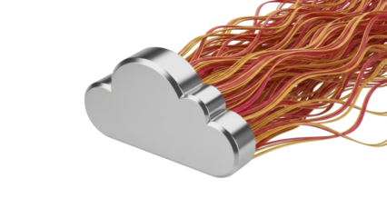 Cloud computing concept with data cables isolated PNG, silver cloud shape with red and yellow wires for technology and data storage design