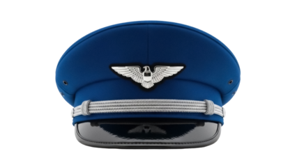 Blue pilot hat with silver eagle emblem isolated PNG, captain uniform headwear for aviation and transportation themes on transparent background