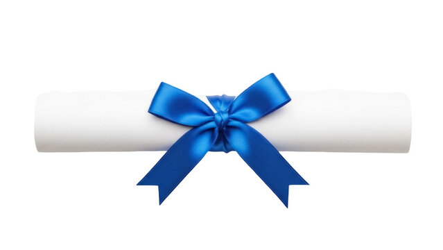 Rolled diploma with blue ribbon isolated PNG on transparent background, graduation certificate for academic achievement and success