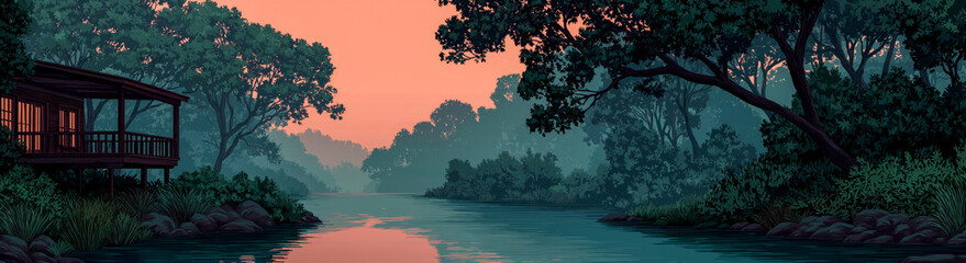 Mountain landscape view of a house in a lake. Flat 2D illustration banner.