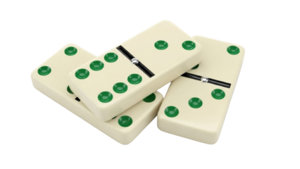 Ivory domino tiles with green pips isolated PNG, classic game pieces for board games and casino gambling on transparent background