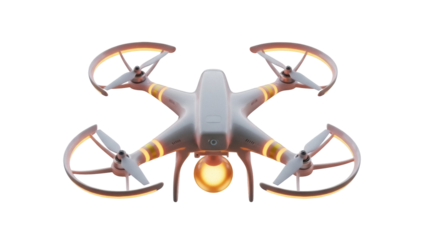 Modern white drone PNG isolated on transparent background, unmanned aerial vehicle for photography and videography, futuristic technology