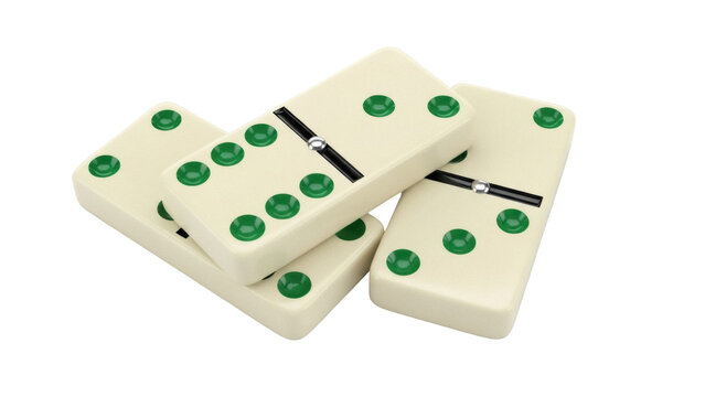 Ivory domino tiles with green pips isolated PNG, classic game pieces for board games and casino gambling on transparent background