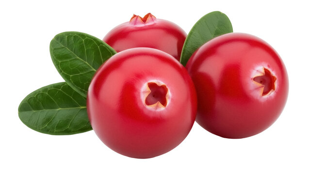 Three vibrant red cranberries with green leaves isolated PNG, fresh lingonberries on transparent background for healthy eating and festive designs