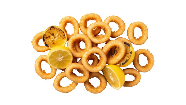 Golden fried calamari rings with grilled lemon isolated on transparent background, crispy seafood appetizer for restaurant menu and food photography