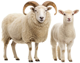 Obraz premium A fluffy, cream-colored adult ram with impressively curved, dark horns and a smaller, similarly colored lamb stand side-by-side, exhibiting a gentle, inquisitive, isolated on transparent background.