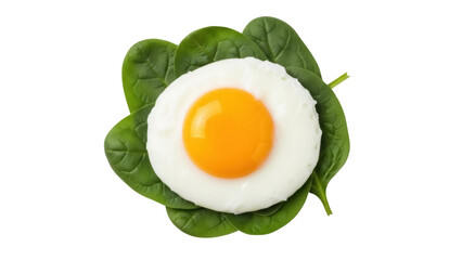 Fried egg on spinach leaves isolated PNG, healthy breakfast food with egg yolk and green vegetables on transparent background