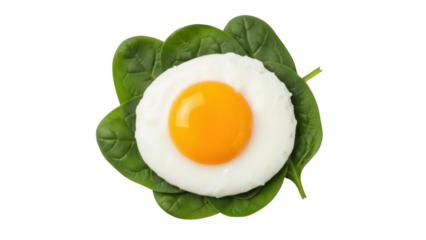 Fried egg on spinach leaves isolated PNG, healthy breakfast food with egg yolk and green vegetables on transparent background