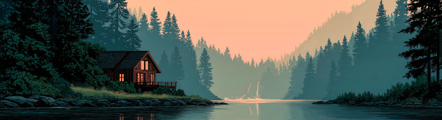 Mountain landscape view of a house in a lake. Flat 2D illustration banner.