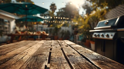 Sun-drenched backyard barbecue scene focuses on a rustic wooden picnic table with blurred modern grill and garden umbrellas in background.