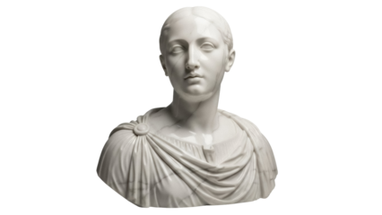 Elegant female bust statue isolated PNG on transparent background, classical sculpture of a woman in draped garment for art and design projects