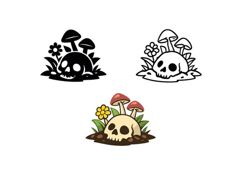 rebirth from bones skull half buried sprouting mushrooms and flowers