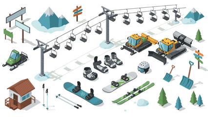 Isometric winter resort equipment and ski lift with snowy landscape elements
