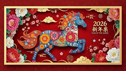 Ornate Blue Horse Decorated with Flowers for Chinese New Year