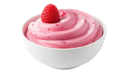 Pink raspberry swirl dessert in bowl isolated PNG, sweet treat with fresh fruit topping on transparent background