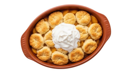 Delicious peach cobbler with whipped cream in a baking dish isolated PNG, homemade dessert with fruit and biscuit topping