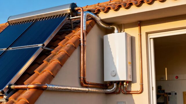Medium shot of solar thermal panels on a rooftop seamlessly connected to a homes hydronic heating system showcasing sustainable energy integration.