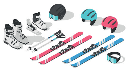 Naklejka premium Isometric ski gear set: boots, helmets, goggles, skis, and poles collection