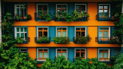 Colorful urban building facade with vibrant flowers and greenery in bright colors