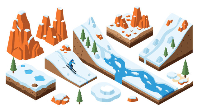 Winter ski adventure in isometric mountain landscape scene with snowy terrain and pine trees