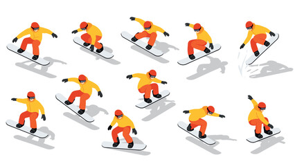 Fototapeta premium Dynamic snowboarding action in isometric style: winter sports enthusiasm
