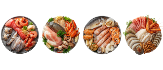 Fresh Seafood Feast: A culinary symphony unfolds with four meticulously arranged plates of fresh seafood, each a vibrant tableau of flavors and textures, ready to delight the senses.